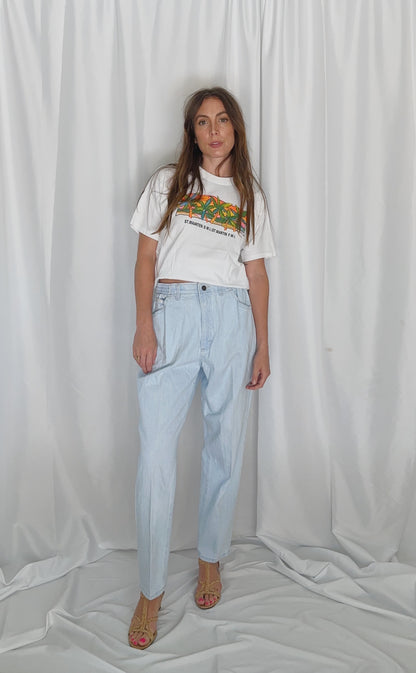 model wearing cheap vintage tshirt and jeans