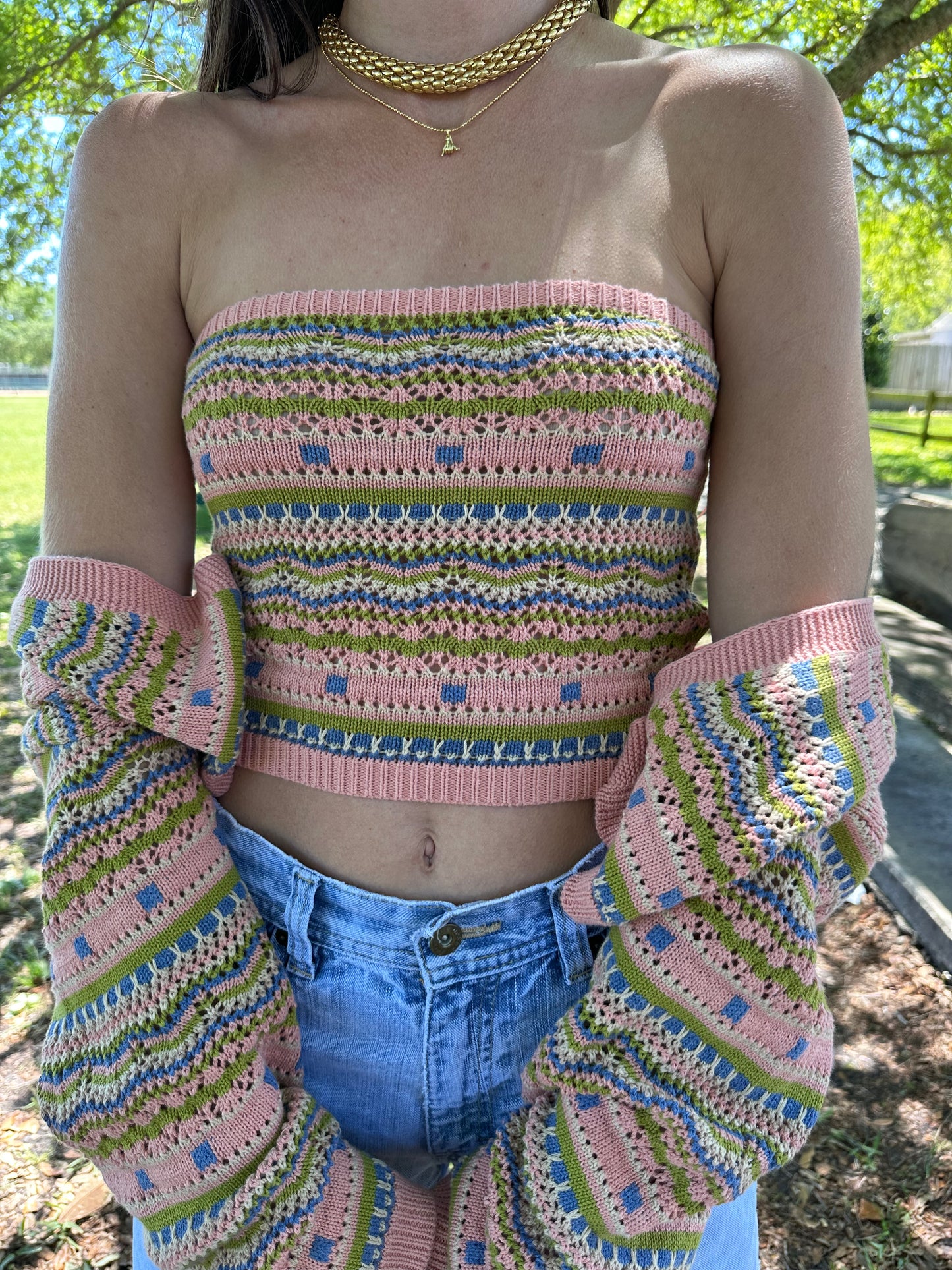 crochet colorful sweater and tube top set, pink blue green 