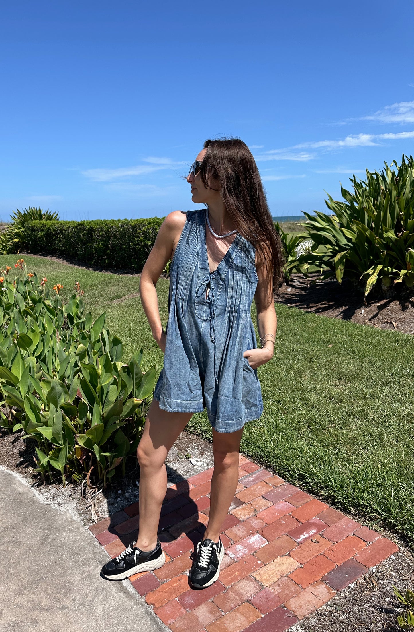 Pleated Denim Romper