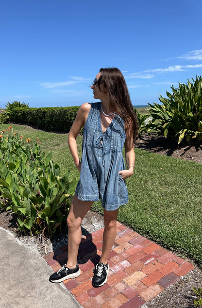 Pleated Denim Romper