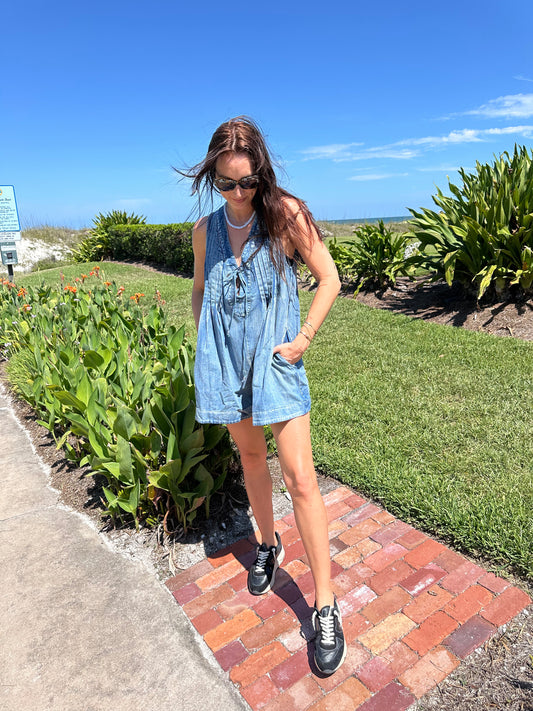 Pleated Denim Romper