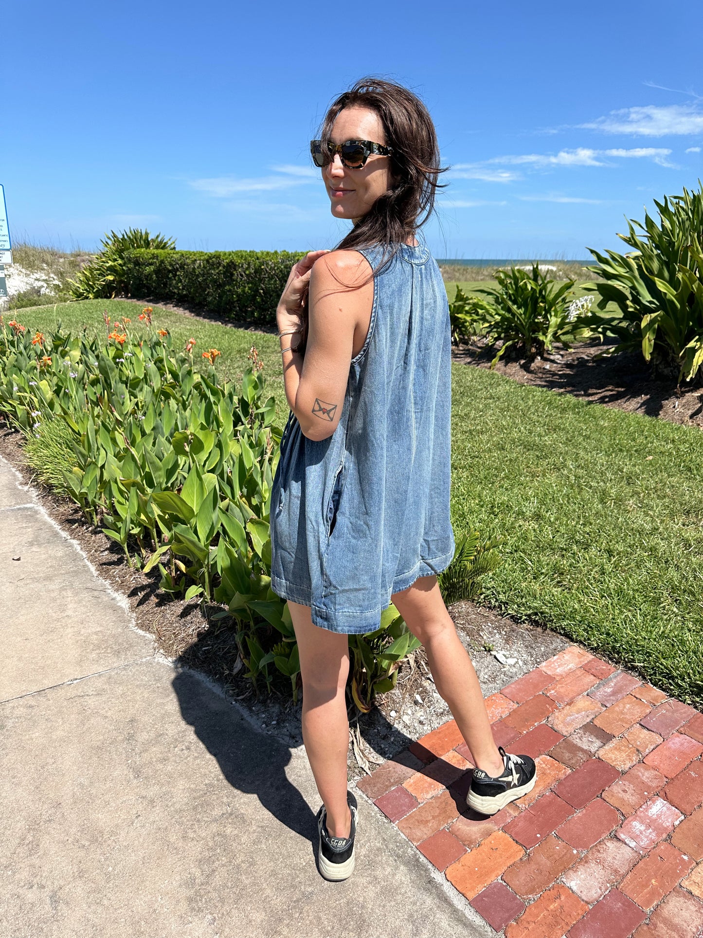 Pleated Denim Romper