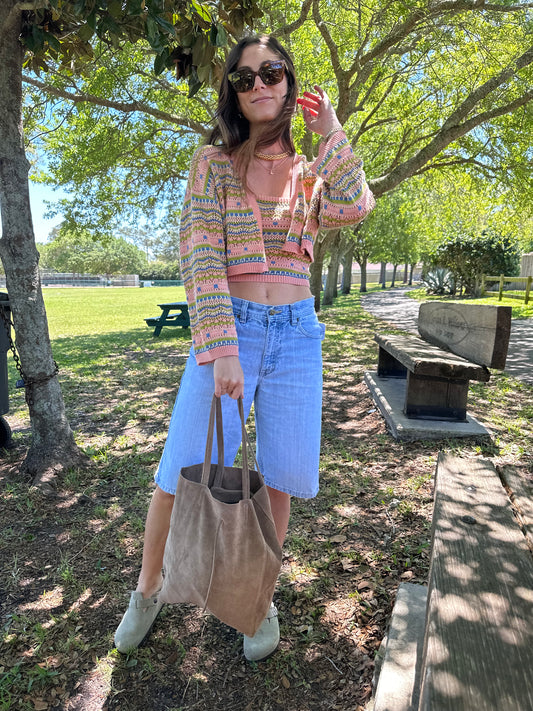 crochet colorful sweater and tube top set, pink blue green 