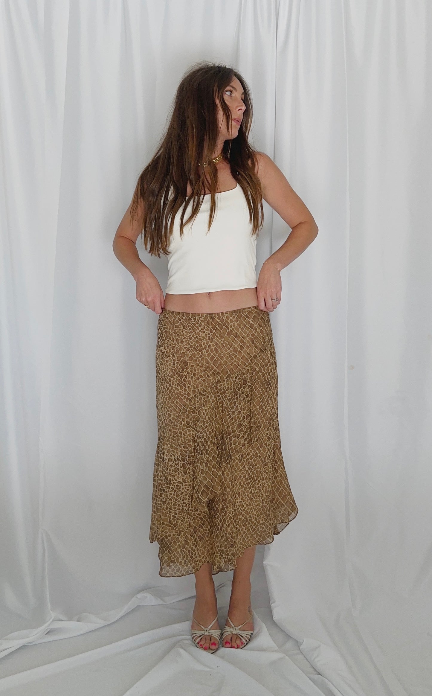 Vintage Tan Print Flounce Midi Skirt