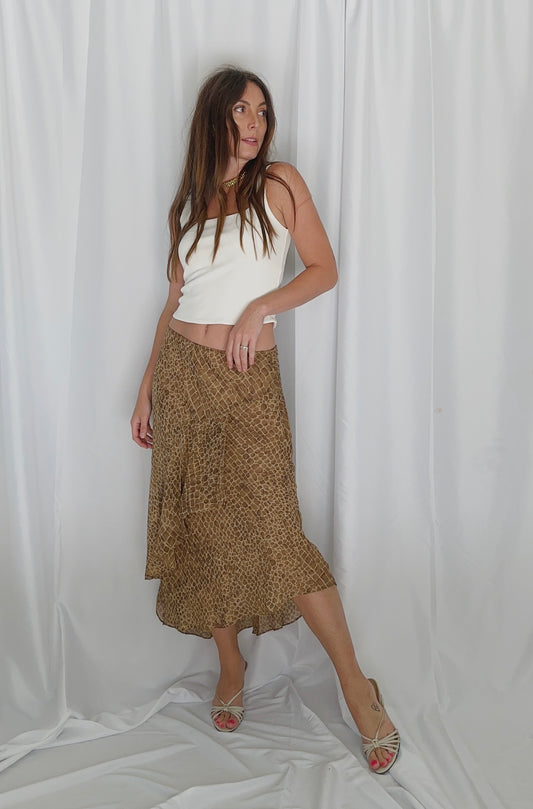 Vintage Tan Print Flounce Midi Skirt