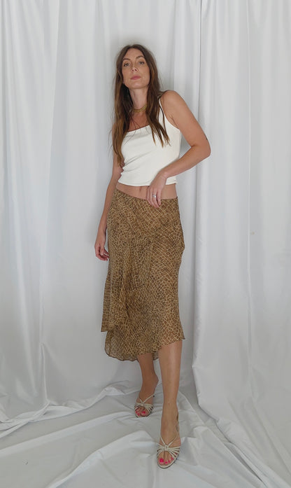 Vintage Tan Print Flounce Midi Skirt