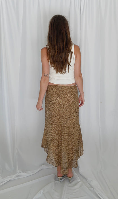 Vintage Tan Print Flounce Midi Skirt