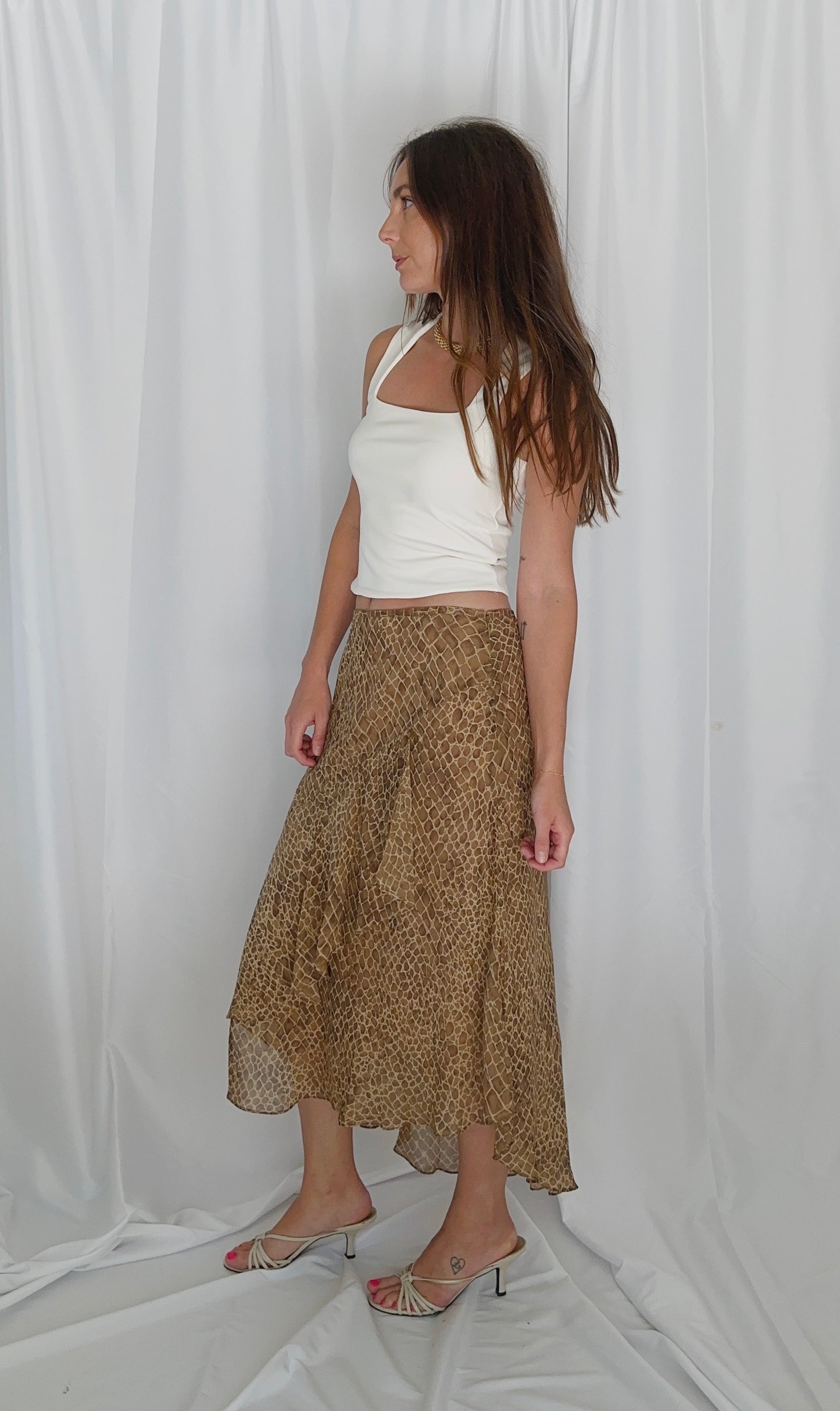 Vintage Tan Print Flounce Midi Skirt