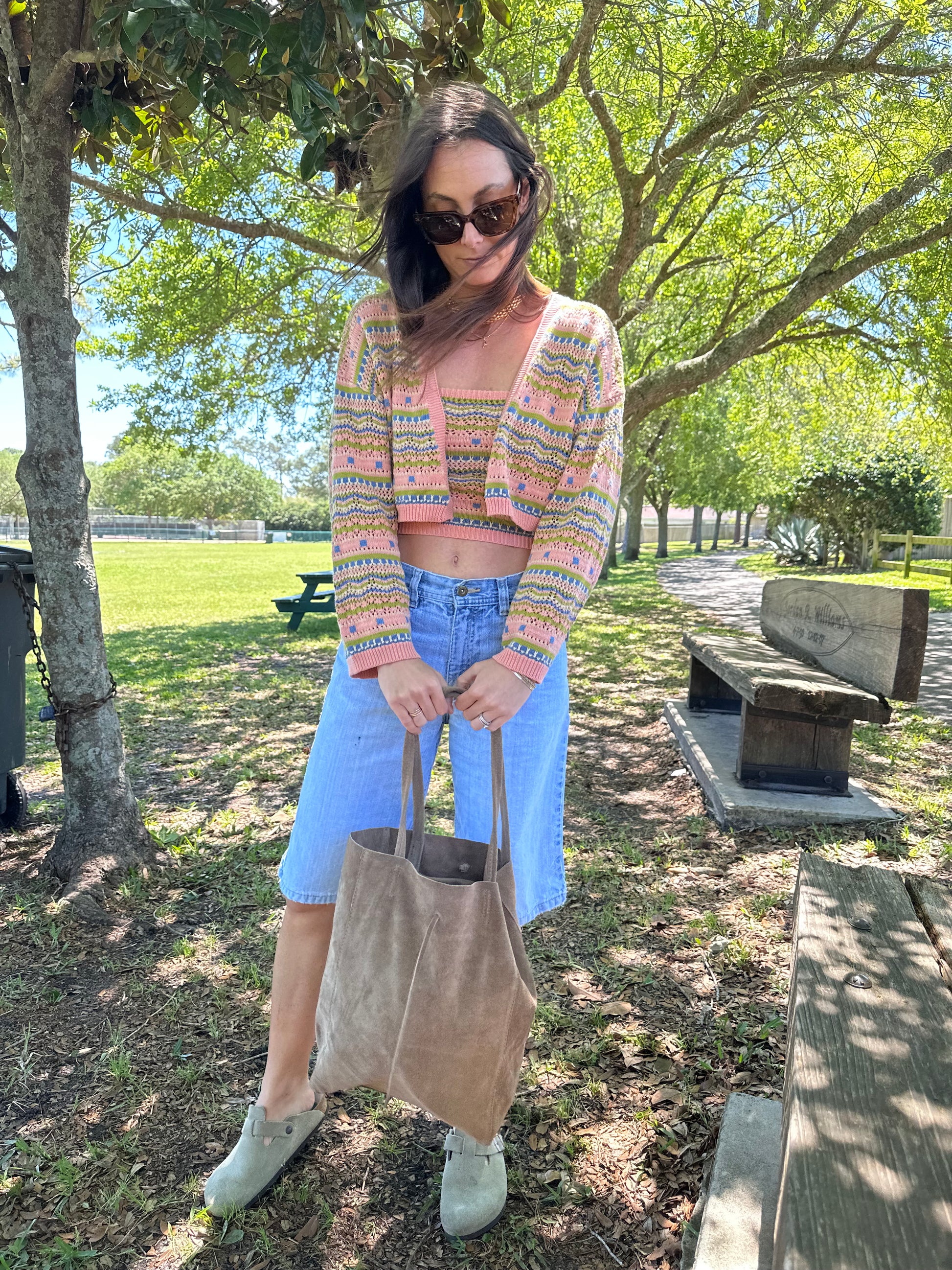 crochet colorful sweater and tube top set, pink blue green 