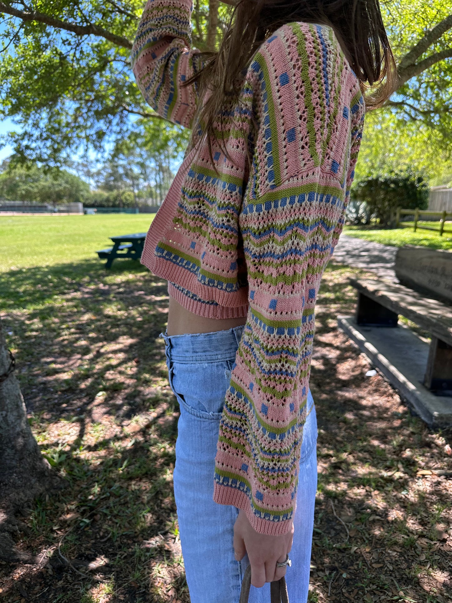 crochet colorful sweater and tube top set, pink blue green 