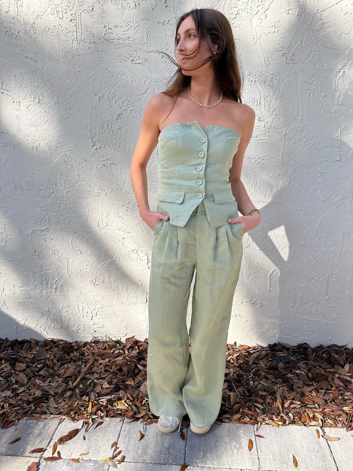 Sage Pleated Linen Trouser