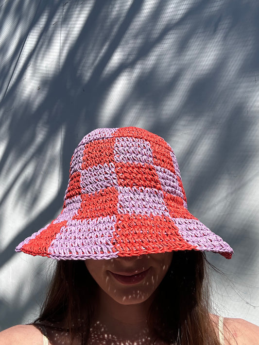 Checkered Straw Bucket Hat