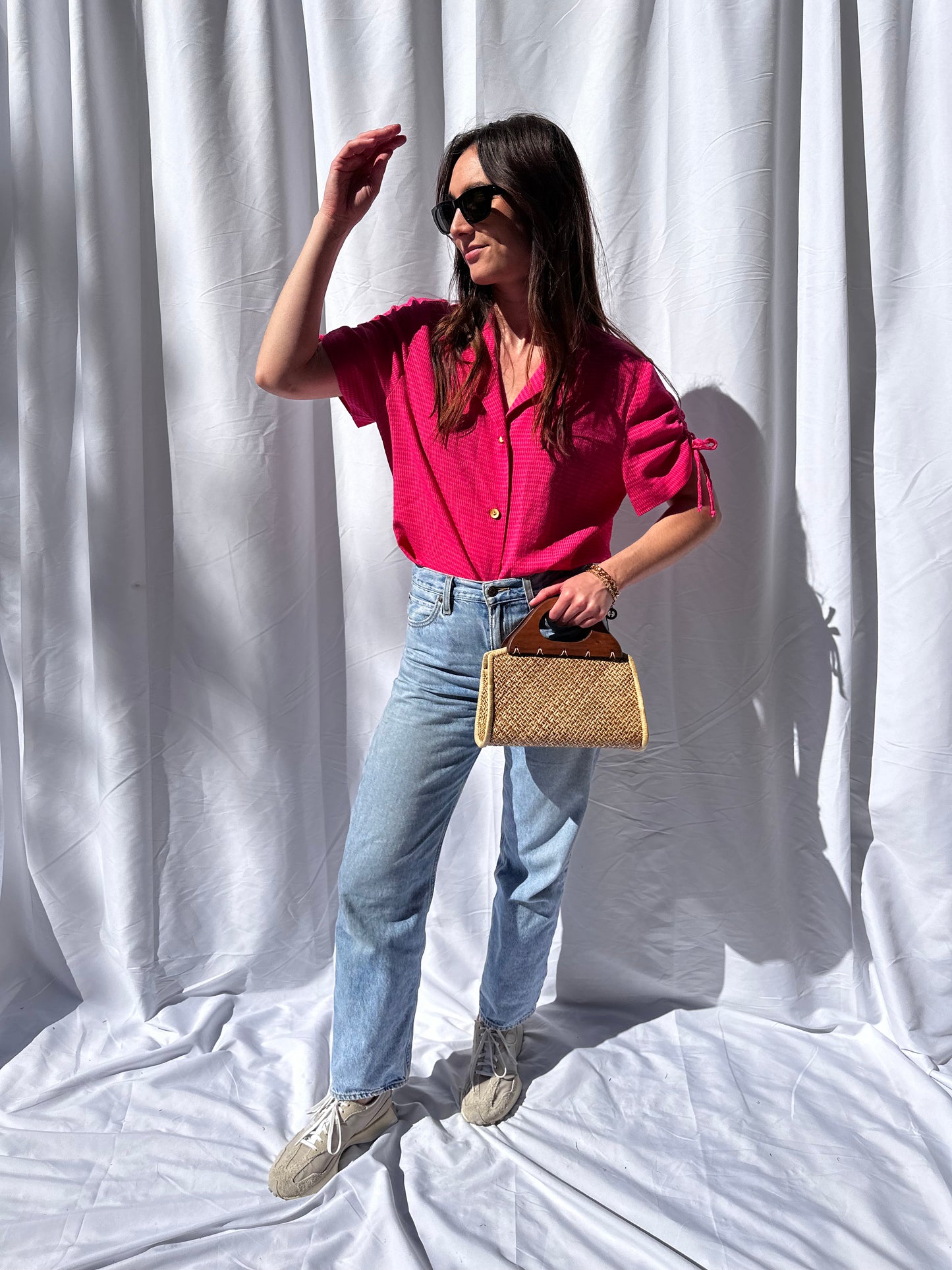 Pink Collared Short Sleeve Blouse w/ Bead Detail