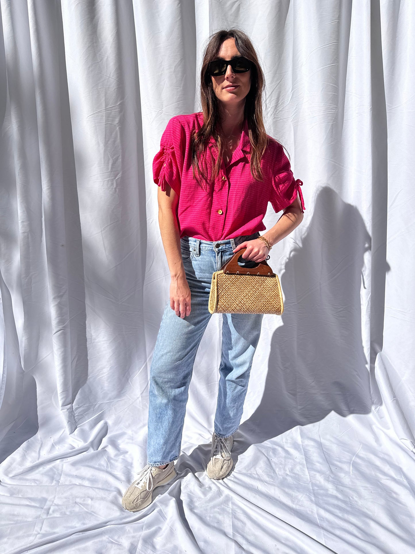 Pink Collared Short Sleeve Blouse w/ Bead Detail