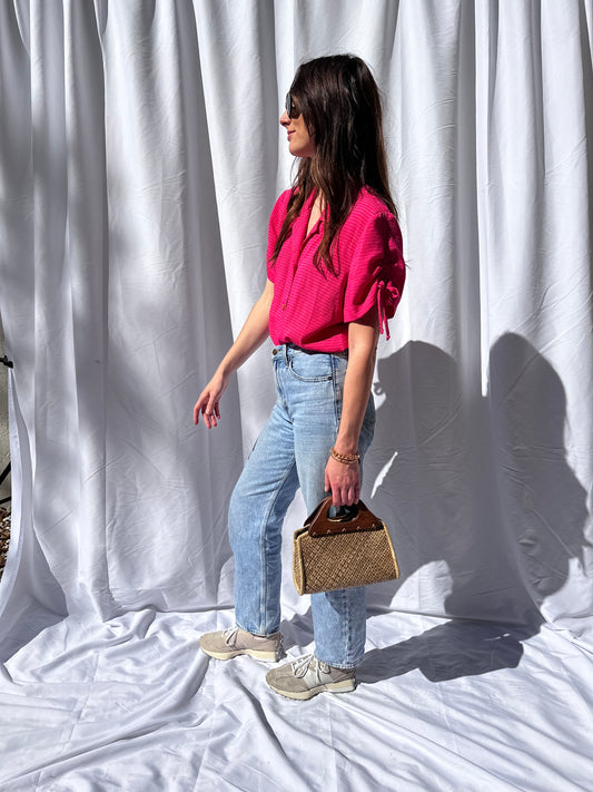 Pink Collared Short Sleeve Blouse w/ Bead Detail