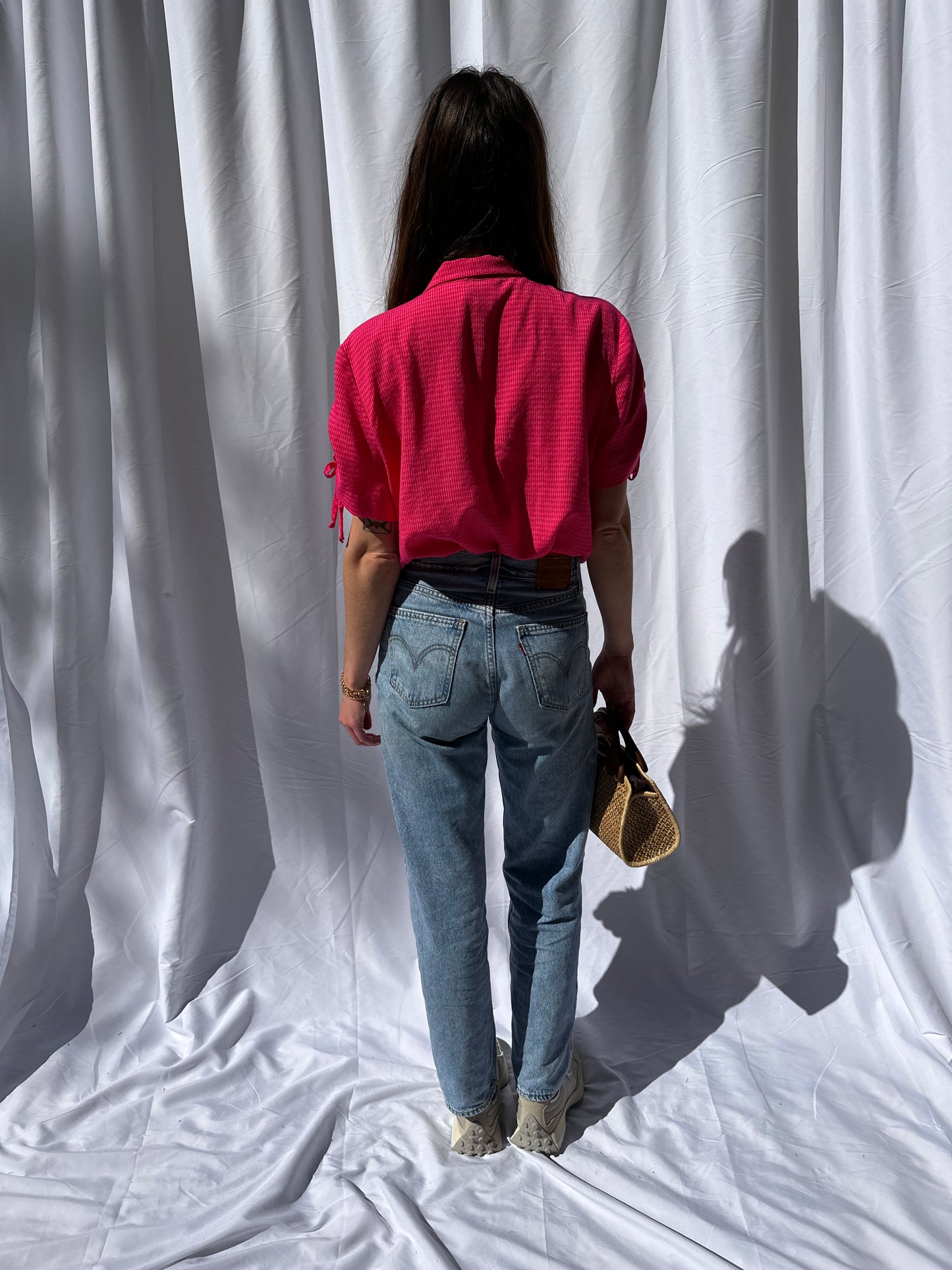 Pink Collared Short Sleeve Blouse w/ Bead Detail