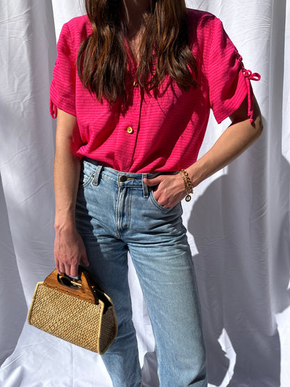 Pink Collared Short Sleeve Blouse w/ Bead Detail